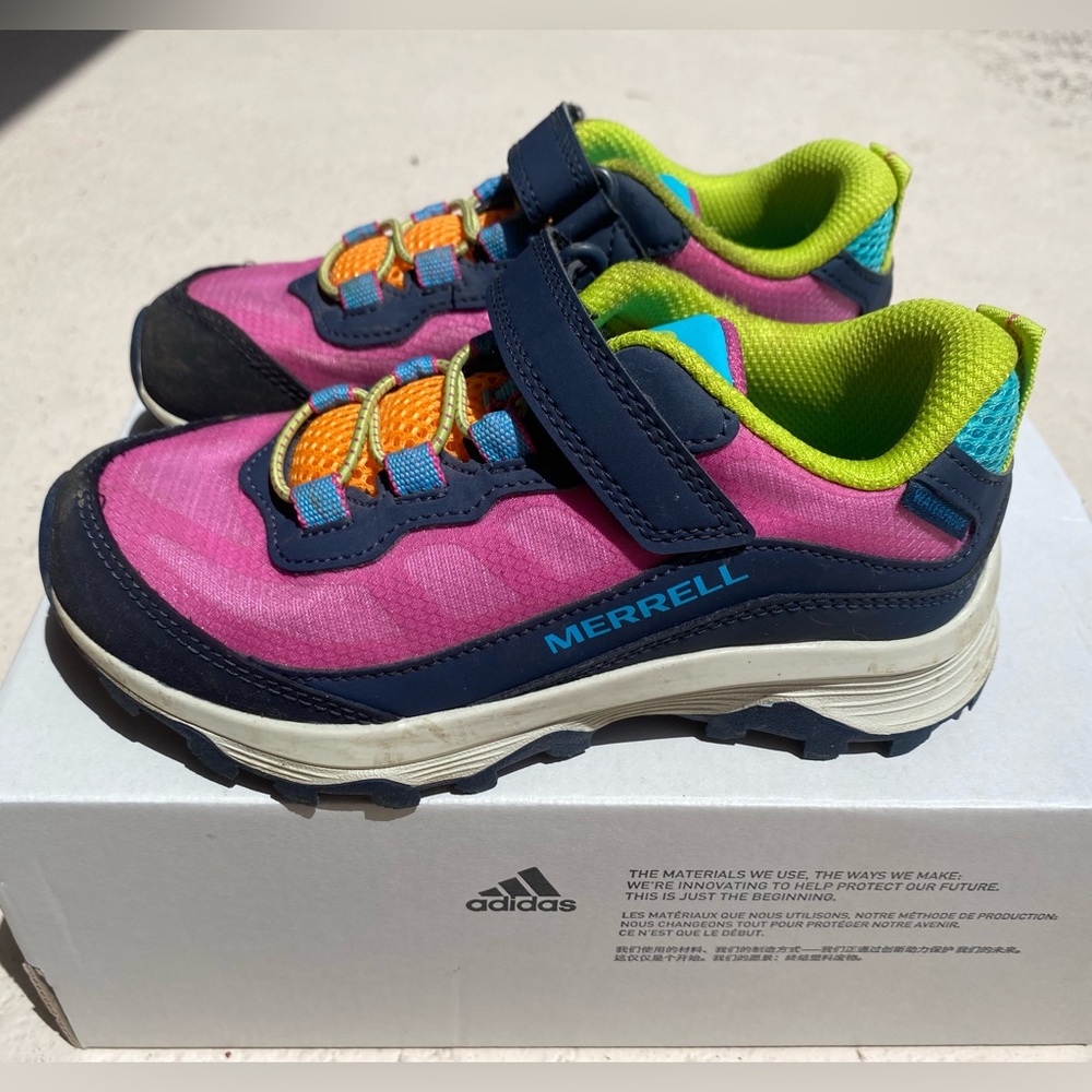 Merrell Kids' Moab low hiking shoes size 13 - velcro - Pink, blue, and green